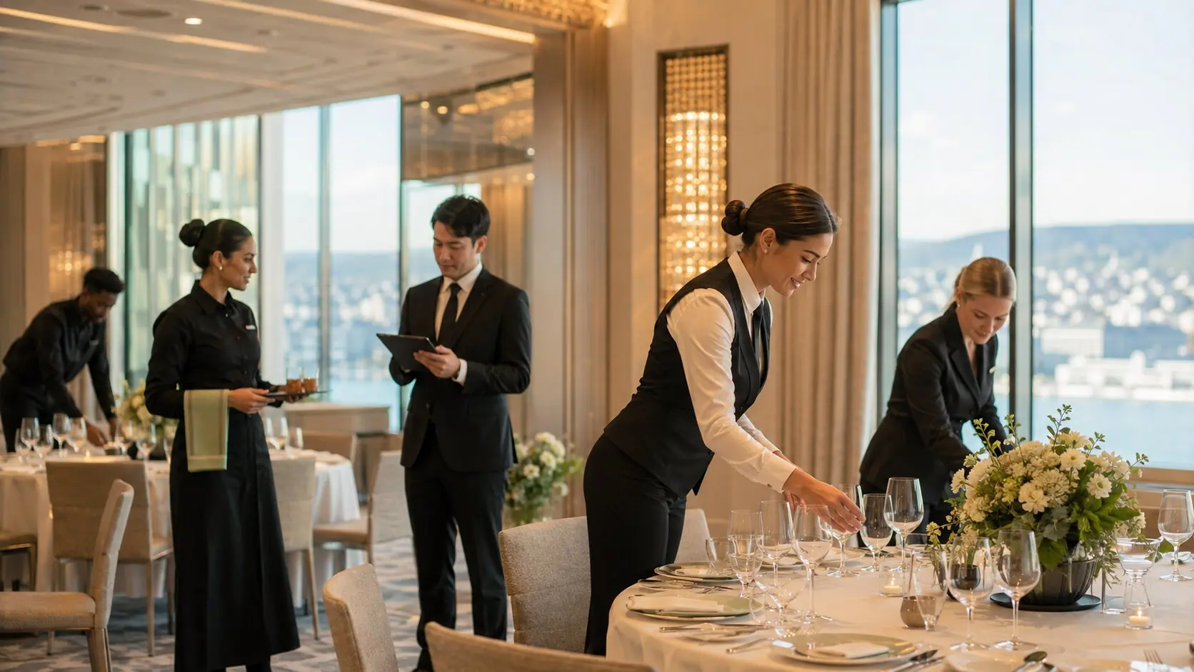 Hospitality team preparing a premium dining room
